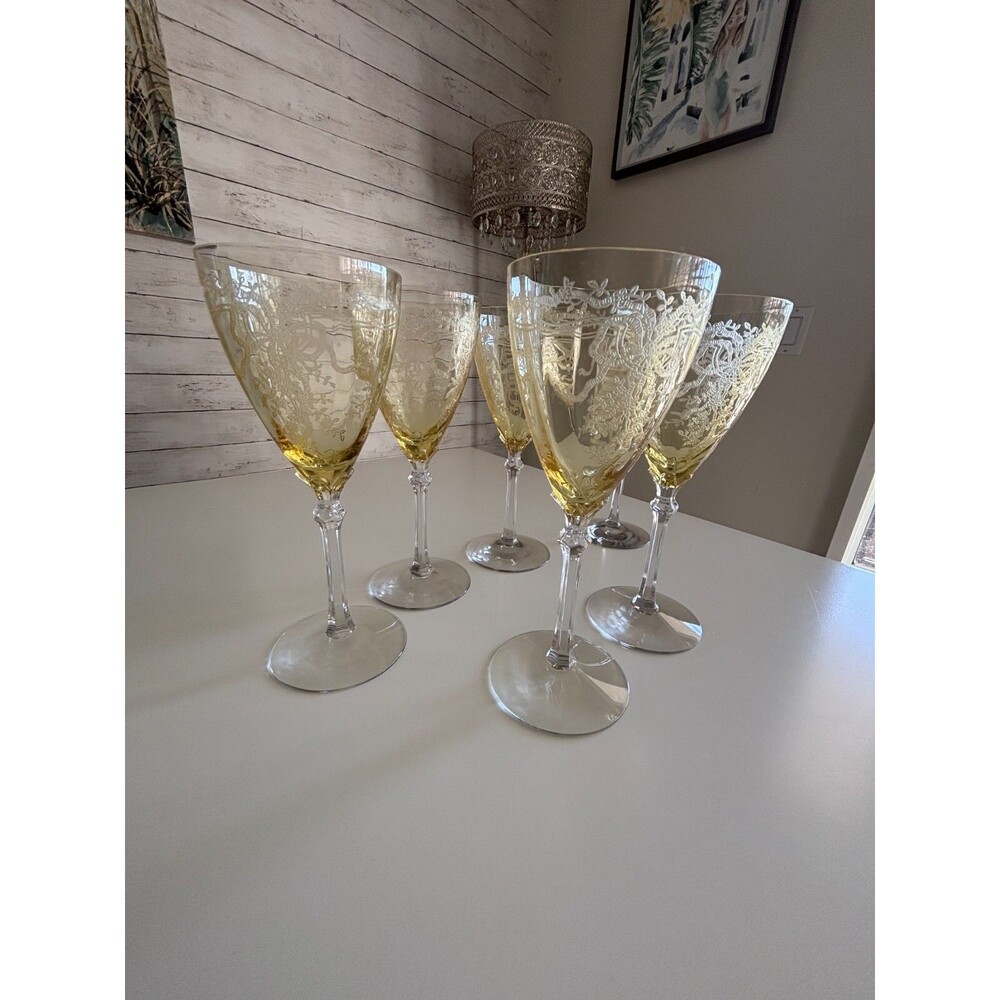 Fostoria June (6) Antique Vintage Tall Etched Yellow Topaz Water Goblets 8 1/4"